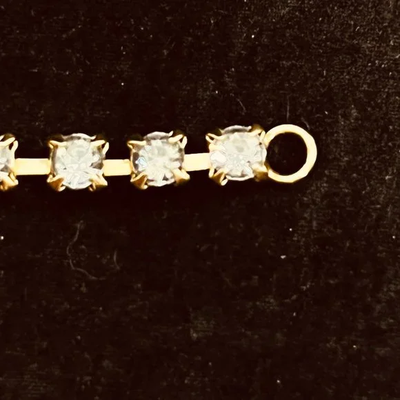 Vintage Gold Tone Blue And Clear Rhinestone Floral Tennis Bracelet (3800) - Picture 8 of 9